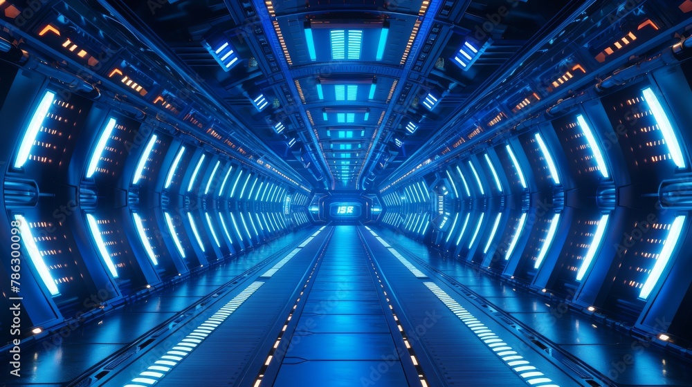 Aufkleber spaceship corridors with futuristic design on a blue background. 3d rendering.