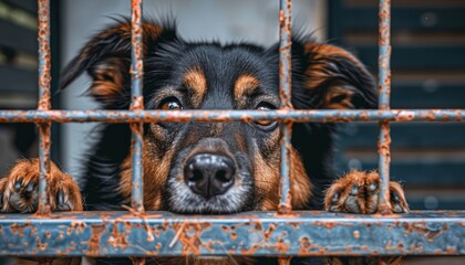 Lonely stray dog in shelter cage  abandoned, hungry, and sorrowful behind rusty bars - obrazy, fototapety, plakaty
