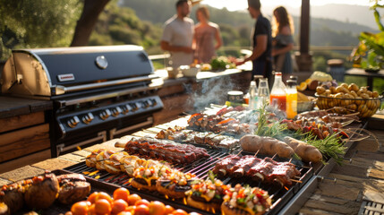 Friends gathered around a patio BBQ grill. The grill overflows with an assortment of delicious burgers, ribs bursting with flavor, and an array of baked potatoes.	