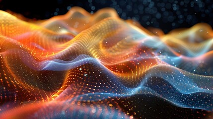 An abstract wave with moving dots. Motion of particles. Cyber technology illustration. Realistic rendering in 3D.