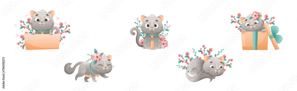 Sticker cute grey kitten with pretty snout with flowers vector set