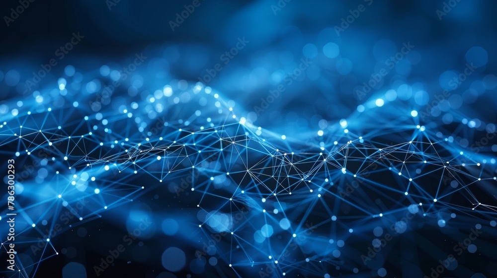 Poster An abstract blue polygon technology network with a connected technology background has an abstract dot and line texture. It's 3D rendered.