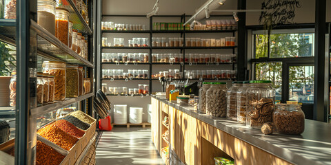 A zero-waste grocery store where shoppers fill reusable containers with bulk products. The store’s interior is illuminated by sunlight, creating a bright, eco-conscious shopping en - obrazy, fototapety, plakaty