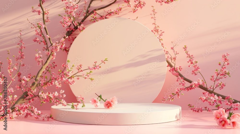 Poster 3D rendering of a natural beauty podium backdrop for displaying a spring flower product.