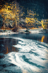 Etches on an icy lake and golden trees, Shearwater, Warminster