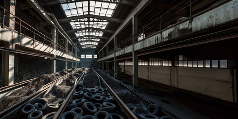 Fototapeta premium A view inside a tire recycling plant, where old tires are processed into rubber mulch. The facility is lit by skylights, with soft shadows underlining the transformation process. ,