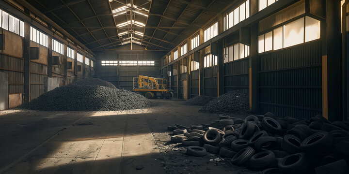 A view inside a tire recycling plant, where old tires are processed into rubber mulch. The facility is lit by skylights, with soft shadows underlining the transformation process. ,