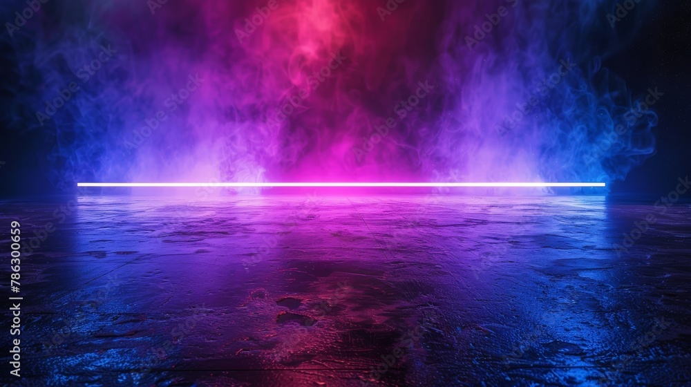 Poster in the center, there is an empty space for product or message placement, with blue and purple neon l