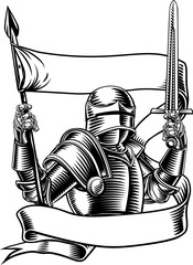 An original illustration of a medieval knight with banner battle flag or standard scroll ribbon. In a vintage engraved etching woodcut style. - 786300624