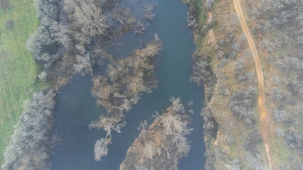 esla river from drone in winter morning