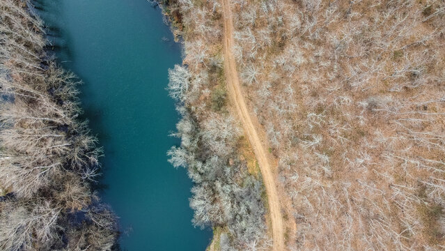 esla river from drone in winter morning next to road