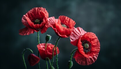 Symbolic red poppies on black background for remembrance, armistice, and anzac day commemorations © Ilja