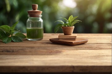 Obraz na płótnie Canvas A bottle essential oil and plant in little pot on wooden surface surrounded by green leaves, which adds a natural and calming atmosphere to the scene. AI generated