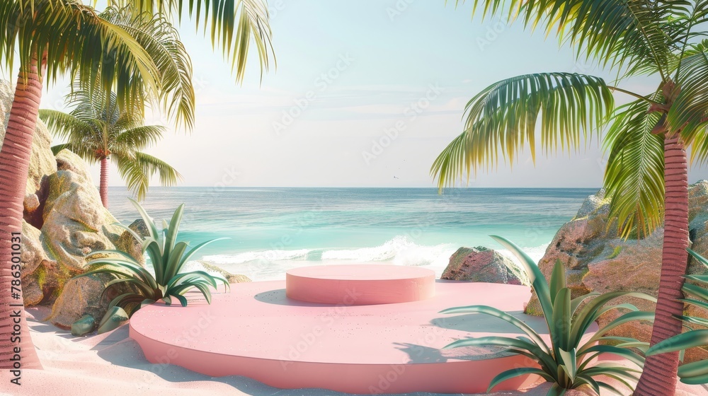 Aufkleber A summer beach scene with a podium background. This is a 3D rendering.