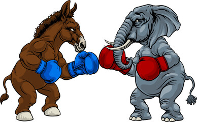 Republican and democrat elephant and donkey facing off American election party politics concept