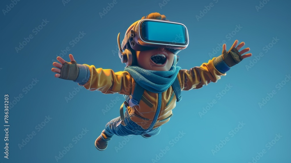 Aufkleber playing a video game using virtual reality glasses, 3d cartoon character isolated on a blue backgrou