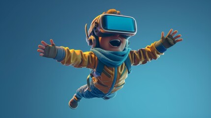 Playing a video game using virtual reality glasses, 3D cartoon character isolated on a blue background, virtual reality, Metaverse, and Into the future - 3D render