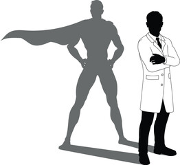 A superhero male scientist, engineer, doctor or teacher in a lab white coat man. Revealed by his shadow silhouette as a super hero in a cape.