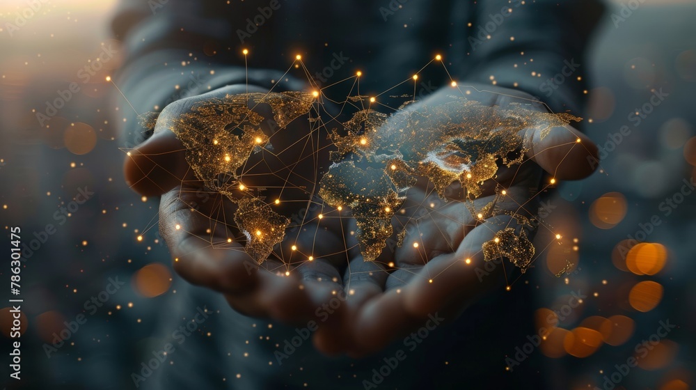 Poster An image of a businessman holding a global network connection. A concept of big data analytics and business intelligence is shown on the world map, which shows points and lines forming a globe. The