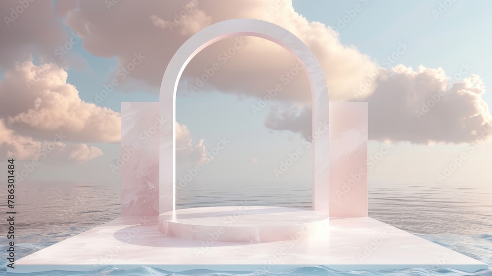 Aufkleber The natural beauty of a podium backdrop with clouds and arch frame is perfect as a backdrop for product displays in a romantic 3D seascape setting...