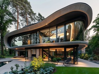 Modern house with curved roof and large windows surrounded by trees