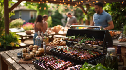 Friends gathered around a patio BBQ grill. The grill overflows with an assortment of delicious burgers, ribs bursting with flavor, and an array of baked potatoes.	