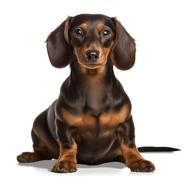 Portrait of adorable dachshund puppy obediently sits and waits, isolated on white background