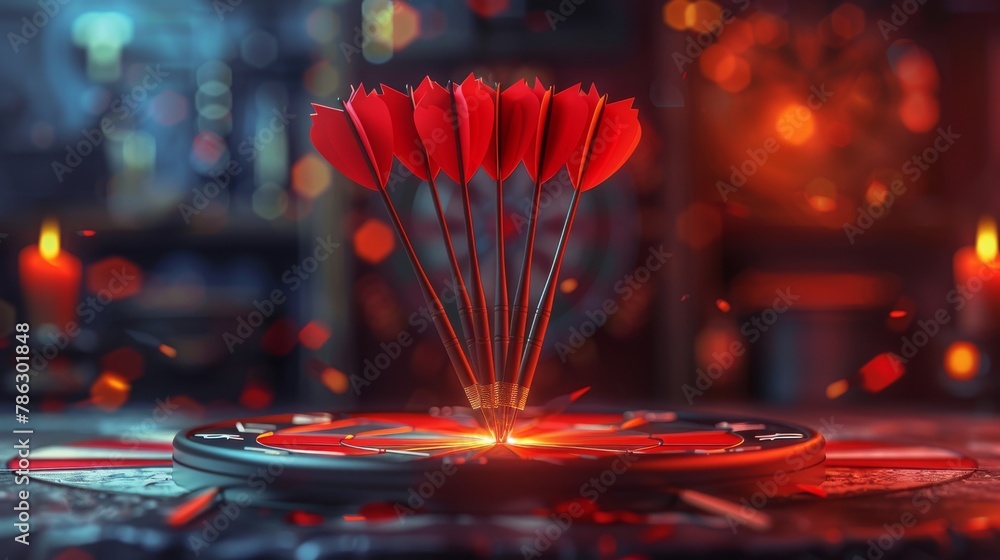 Poster realistic three-dimensional design of a red target and arrows. game of darts. modern illustration.