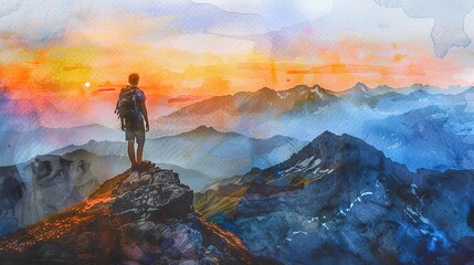 Watercolor, Hiker on peak, close up, over shoulder view, sunset, wide lens