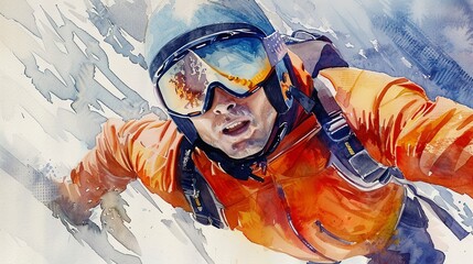 Watercolor, Base jumper, close up, helmet cam perspective, adrenaline rush 