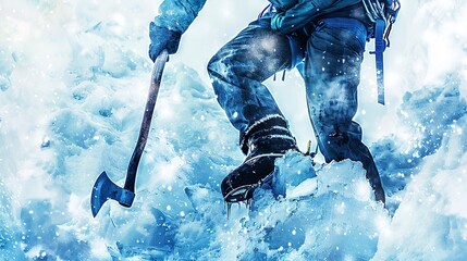 Watercolor, Ice climber, axe in ice, close up, high contrast, cold blue tint  - obrazy, fototapety, plakaty