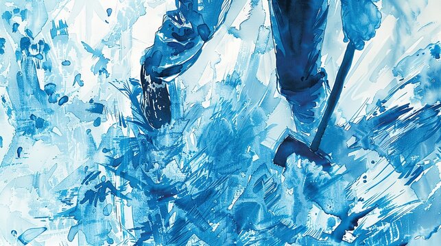 Watercolor, Ice climber, axe in ice, close up, high contrast, cold blue tint 