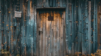 A weathered wooden door showing signs of aging and exposure - obrazy, fototapety, plakaty
