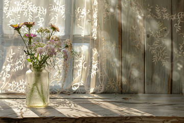 Morning Light Wildflowers in a Mason Jar Bask in the Sun's Caress by a Lace-Curtained Window - obrazy, fototapety, plakaty