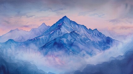 Fototapeta premium Misty mountain peak at dusk in watercolor, high angle, ethereal glow