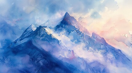 Misty mountain peak at dusk in watercolor, high angle, ethereal glow  - obrazy, fototapety, plakaty
