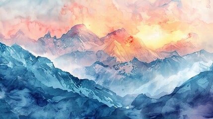 Snow-capped mountains in watercolor, warm sunset hues, panoramic view  - obrazy, fototapety, plakaty