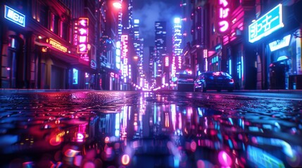 This is a rendering of a neon city with light reflecting off puddles on the street heading towards the buildings. The scene is intended to promote nightlife and business district centers (CBDs). - obrazy, fototapety, plakaty
