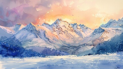 Snow-capped mountains in watercolor, warm sunset hues, panoramic view