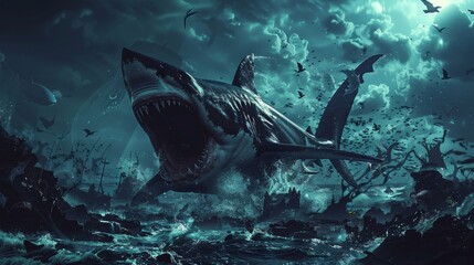 Shark erupting from oceanic depths, creating tumultuous sea chaos
