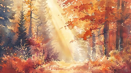 Watercolor mountain forest in autumn, warm colors, sunlight through trees, mid-angle 