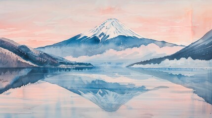 Watercolor Mount Fuji at dawn, pink sky, calm lake reflection, serene atmosphere