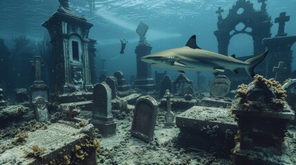 Shark calmly swimming through an underwater graveyard, creating a serene yet haunting vista