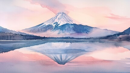 Watercolor Mount Fuji at dawn, pink sky, calm lake reflection, serene atmosphere 