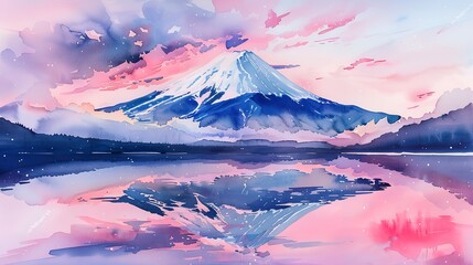 Watercolor Mount Fuji at dawn, pink sky, calm lake reflection, serene atmosphere