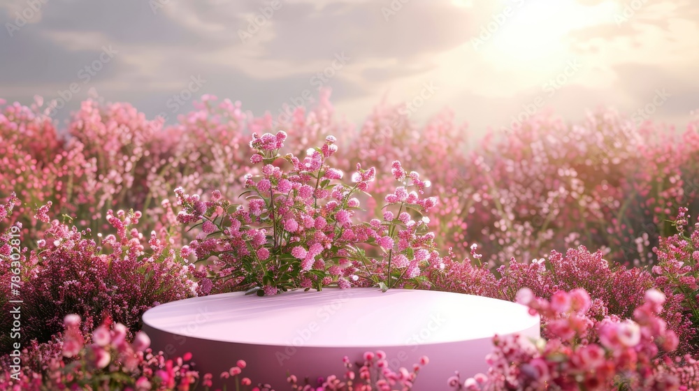 Poster an elegant podium backdrop with a field of spring roses. a 3d rendering......