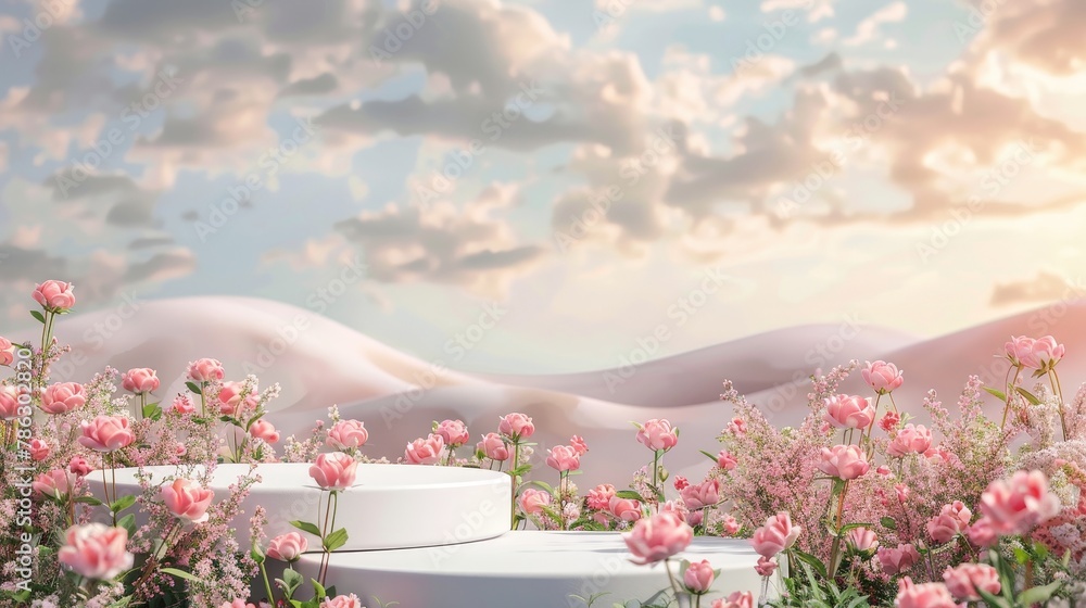 Poster beautiful nature podium backdrop featuring a field of spring roses. rendering in 3d.