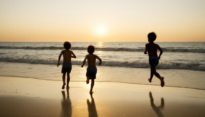 children running toward the water at a beach at dusk