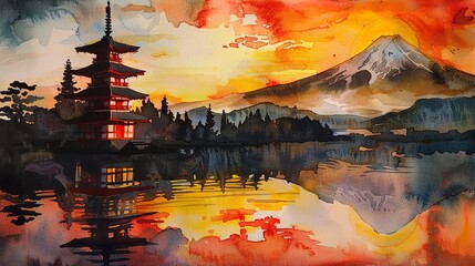 Watercolor of Mount Fuji and traditional pagoda, sunset, warm tones
