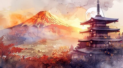Watercolor of Mount Fuji and traditional pagoda, sunset, warm tones 